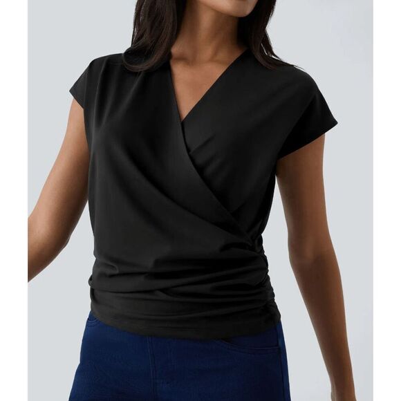 NWT Size Xsm Halara V Neck Cap Sleeve Crossover Ruched Solid Work Blouse - Picture 1 of 1